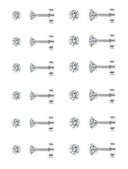 Tornito 12 Pairs Tiny Stud Earrings Stainless Steel Round Cubic Zirconia Barbell Stud Earrings Set For Men Women Screw Flat Back Earrings 2MM-3MM 20G