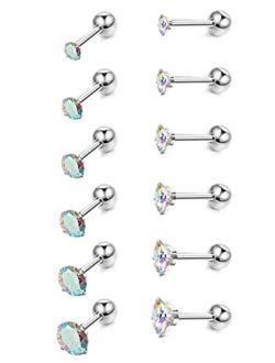 DOLOTTA 6Pairs 18G Stainless Steel CZ Stud Earrings Piercing Ear Cartilage Set for Women Men 2-7MM Round CZ Barbell Stud Earring with Screw Flat Ball Back Earrings for Wo