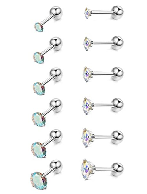 DOLOTTA 6Pairs 18G Stainless Steel CZ Stud Earrings Piercing Ear Cartilage Set for Women Men 2-7MM Round CZ Barbell Stud Earring with Screw Flat Ball Back Earrings for Wo