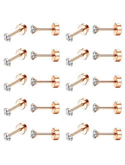 Drperfect 10Pairs 18G Stainless Steel CZ Stud Earrings for Women Men Cartilage Helix Piercing Earring Round Cubic Zirconia Screw Flat Back Stud Ear Jewelry Set