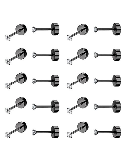 Drperfect 10Pairs 18G Stainless Steel CZ Stud Earrings for Women Men Cartilage Helix Piercing Earring Round Cubic Zirconia Screw Flat Back Stud Ear Jewelry Set