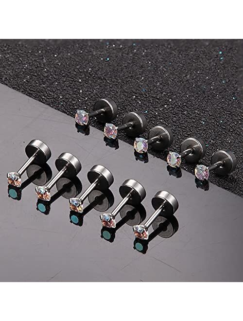 Drperfect 10Pairs 18G Stainless Steel CZ Stud Earrings for Women Men Cartilage Helix Piercing Earring Round Cubic Zirconia Screw Flat Back Stud Ear Jewelry Set