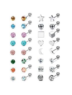 Jstyle 16 Pairs 18G Stainless Steel Cartilage Stud Earrings Set for Women Flat Back CZ Stud Earrings Pack Barbell Cartilage Helix Tragus Ear Piercing Jewelry Screwback Ea