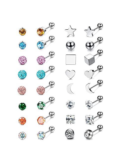 Jstyle 16 Pairs 18G Stainless Steel Cartilage Stud Earrings Set for Women Flat Back CZ Stud Earrings Pack Barbell Cartilage Helix Tragus Ear Piercing Jewelry Screwback Ea