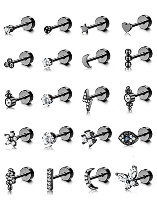 BESTEEL 20Pcs Stainless Steel Stud Earrings for Women Men 20G Tiny Cartilage Stud Earrings Small Snake Star Moon Ball Butterfly Heart Eye Flower Screwback Flat Back Stud 