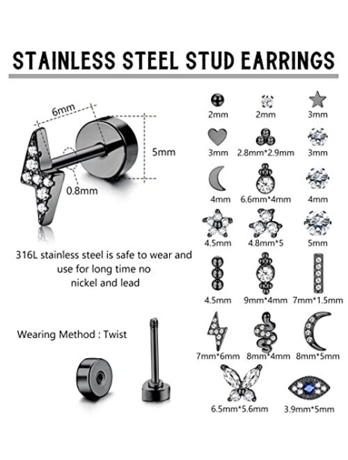 BESTEEL 20Pcs Stainless Steel Stud Earrings for Women Men 20G Tiny Cartilage Stud Earrings Small Snake Star Moon Ball Butterfly Heart Eye Flower Screwback Flat Back Stud 