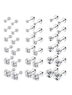 FIBO STEEL 18G 18 Pairs Stainless Steel Screwback Cartilage Stud Earrings for Men Women Flatback Tragus Helix Ear Stud Piercing Earrings Set