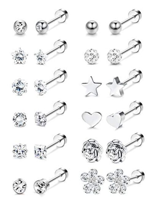 LOLIAS 12 Pairs 18G Barbell Stud Earrings for Men Women Stainless Steel Ball CZ Cartilage Helix Surgical Flatback Earrings Set