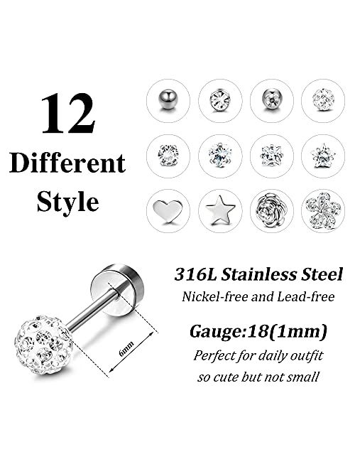 LOLIAS 12 Pairs 18G Barbell Stud Earrings for Men Women Stainless Steel Ball CZ Cartilage Helix Surgical Flatback Earrings Set