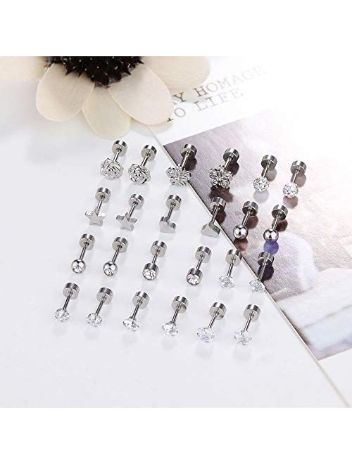 LOLIAS 12 Pairs 18G Barbell Stud Earrings for Men Women Stainless Steel Ball CZ Cartilage Helix Surgical Flatback Earrings Set