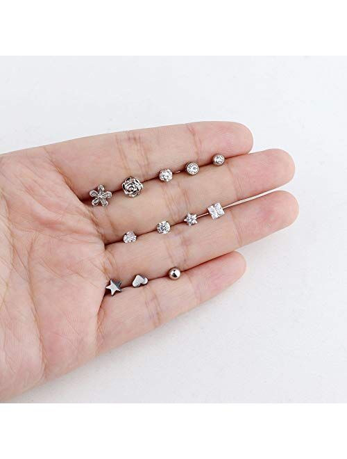 LOLIAS 12 Pairs 18G Barbell Stud Earrings for Men Women Stainless Steel Ball CZ Cartilage Helix Surgical Flatback Earrings Set
