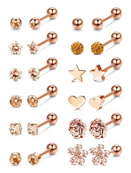 LOLIAS 12 Pairs 18G Barbell Stud Earrings for Men Women Stainless Steel Ball CZ Cartilage Helix Surgical Flatback Earrings Set