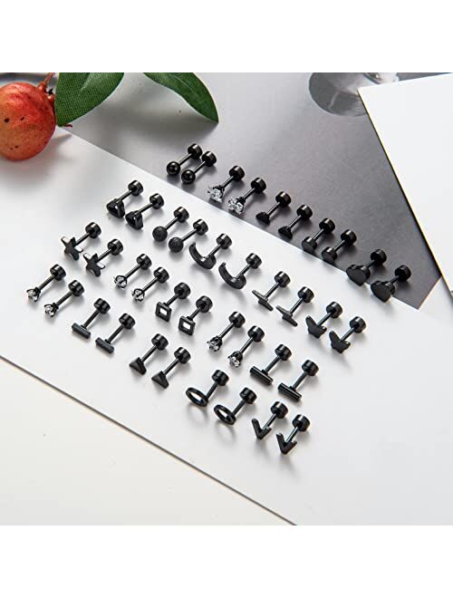 PLOMFOV 20Pairs Stainless Steel Stud Earrings Set for Women Men 18G Cartilage Stud Earrings Moon Star Triangle Circle Heart Square Butterfly CZ Stainless Steel Flat Back 