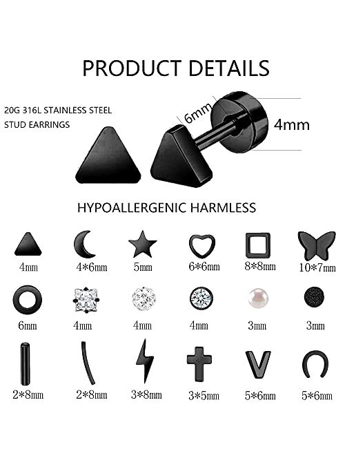 MJust 18 Pairs Tiny Cartilage Stud Earrings Set for Women Men Star Moon Triangle Circle Bar HeartMatte Square CZ Screwback Barbell Earrings Geometric Stainless Steel Earr