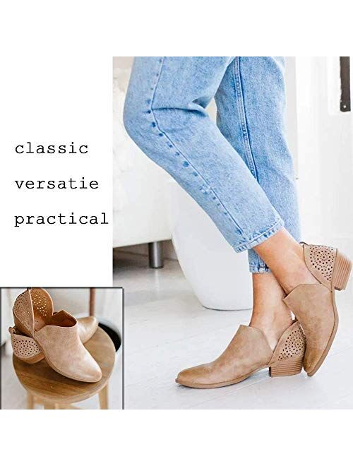 JITUUE Ankle Boots for women Casual Cut Out Slip On Low Heel Short Chunky Stacked Heel Perforated Side V Cut Western Booties Cutout Shoes