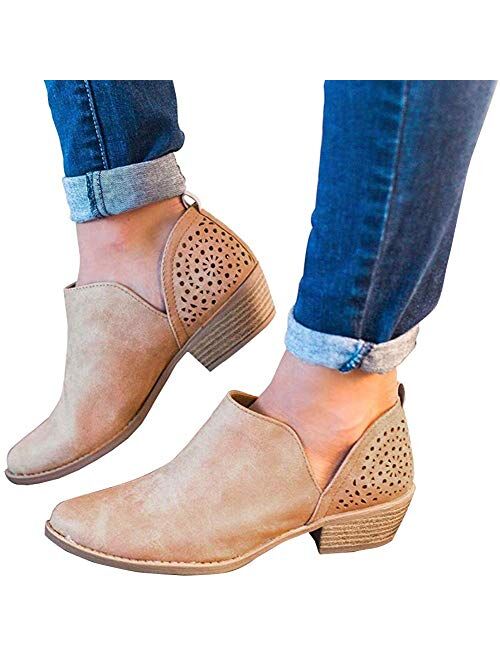 JITUUE Ankle Boots for women Casual Cut Out Slip On Low Heel Short Chunky Stacked Heel Perforated Side V Cut Western Booties Cutout Shoes