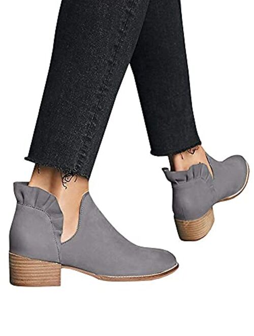 Fashare Womens Fall Booties Ankle Heels Cutout Low Stacked Ruffle Slip On Dress Short Boots Shoes