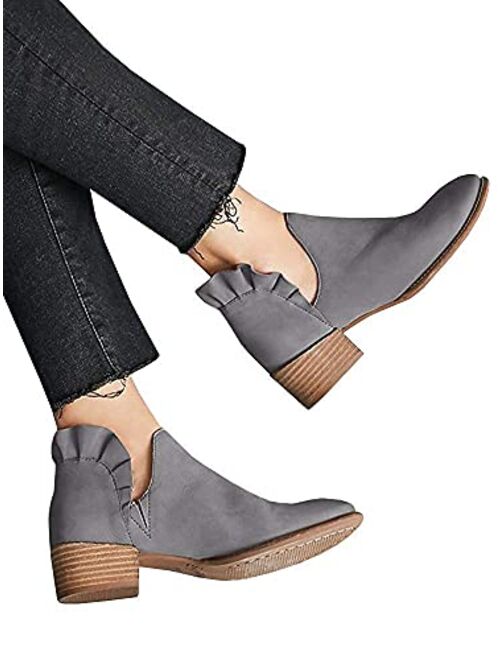 Fashare Womens Fall Booties Ankle Heels Cutout Low Stacked Ruffle Slip On Dress Short Boots Shoes