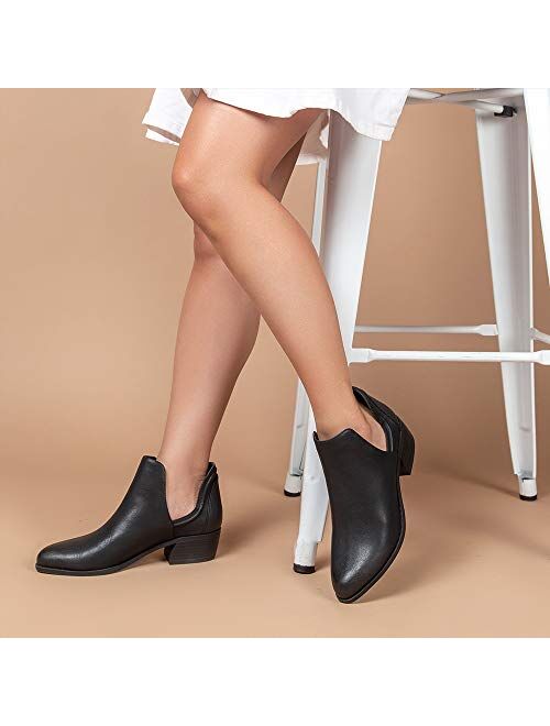Qupid Rager Booties for Women - Pointed Toe V-Cut Low Stacked Heel Ankle Boots