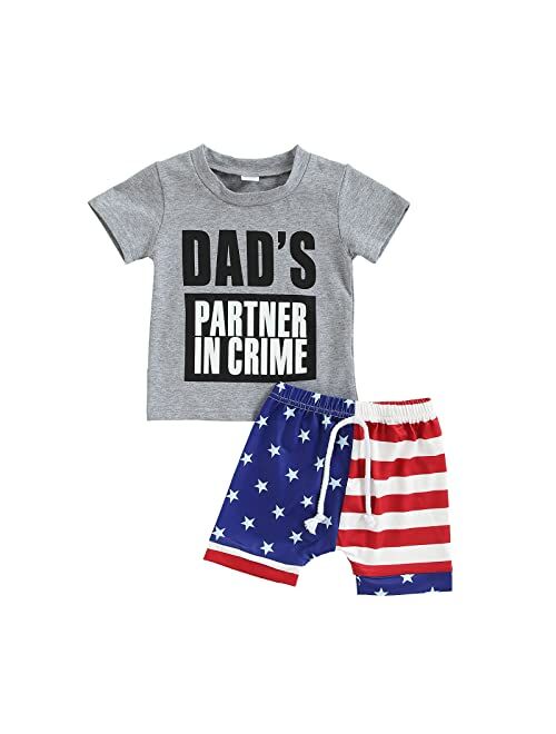 Noubeau 4th of July Toddler Baby Boy Outfit Summer Letter Print American Flag Short Sleeve Top+Drawstring Star Stripes Shorts Set