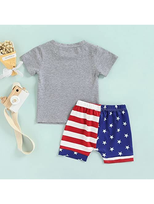 Noubeau 4th of July Toddler Baby Boy Outfit Summer Letter Print American Flag Short Sleeve Top+Drawstring Star Stripes Shorts Set