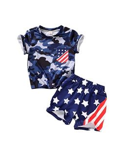 Younger Tree 4th of July Toddler Baby Boys Summer Outfits Short Sleeve T-Shirt Top American Flag Short Pants Independence Day Sets