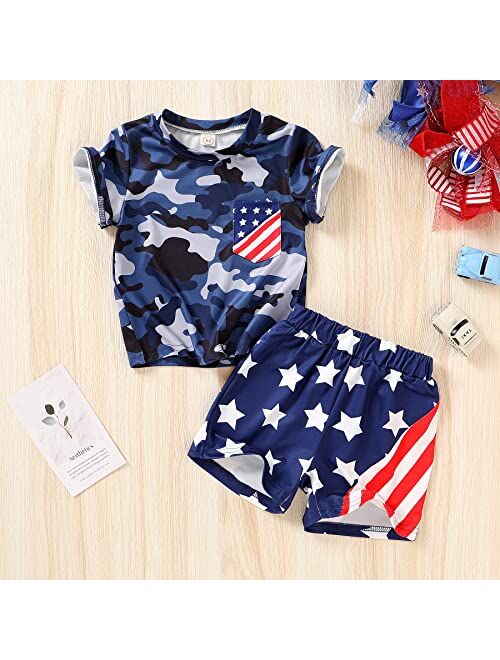 Younger Tree 4th of July Toddler Baby Boys Summer Outfits Short Sleeve T-Shirt Top American Flag Short Pants Independence Day Sets