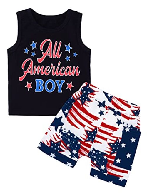 Von Kilizo 4th of July Baby Boy Outfits Sleeveless Printed T-shirt+Flag Print Shorts 2pcs Set Independence Day Toddler Boy Clothes