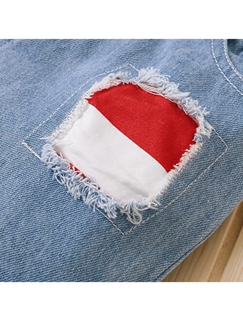 Fryaid Toddler Baby Boys 4th of July Outfits American Flag Tshirts Pocket Denim Shorts Infant Summer Clothes Sets