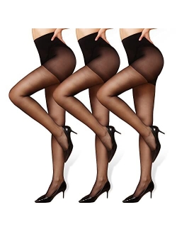 WAKUNA 3 Pairs Sheer Tights For Women 10D Pantyhose Control Top Invisible Reinforced Toes
