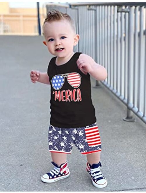 Von Kilizo Toddler Baby 4th of July Outfit Boy Letter Print Short Sleeve + Star Stripe Short Pants
