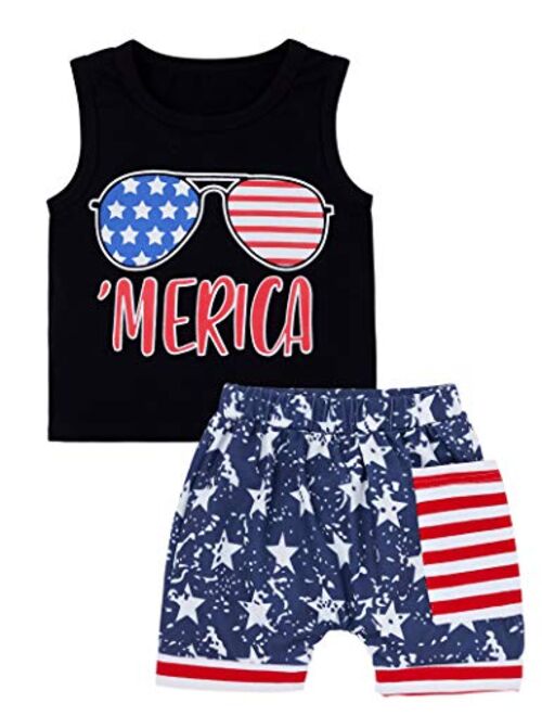Von Kilizo Toddler Baby 4th of July Outfit Boy Letter Print Short Sleeve + Star Stripe Short Pants