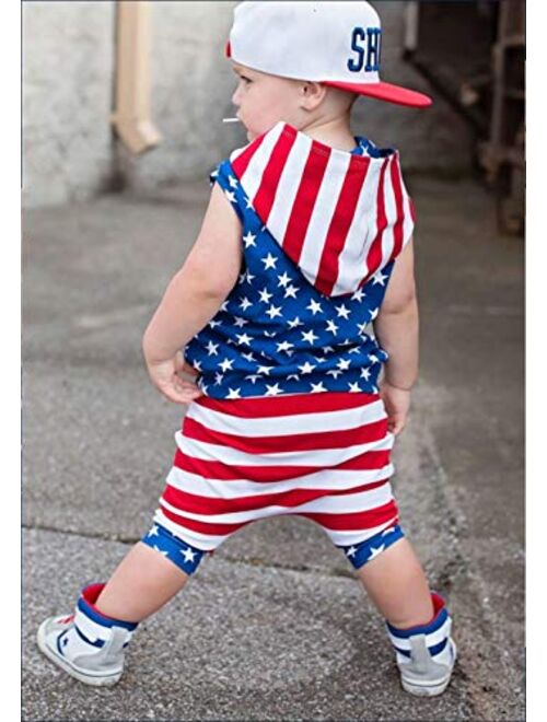 LOTUCY Toddler Baby Boy 4th of July Outfits Star Tops Blouse Striped Pants 2pcs Fourth of July Summer Clothes Blue