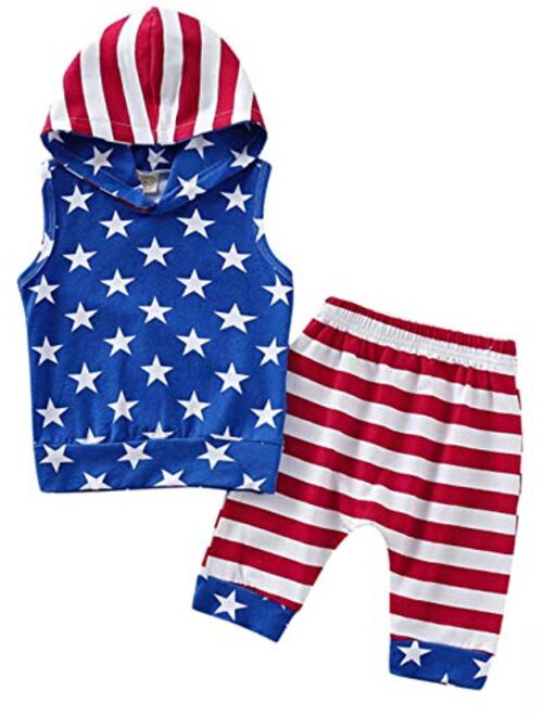 LOTUCY Toddler Baby Boy 4th of July Outfits Star Tops Blouse Striped Pants 2pcs Fourth of July Summer Clothes Blue