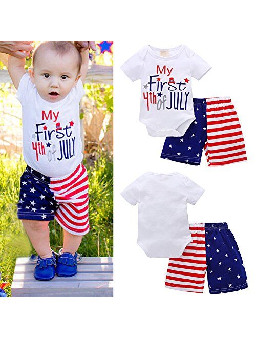 Owlfay My First 4th of July Outfit Baby Boys American Flag Romper + Star Striped Shorts Pants Summer Birthday Clothes 2pcs Set