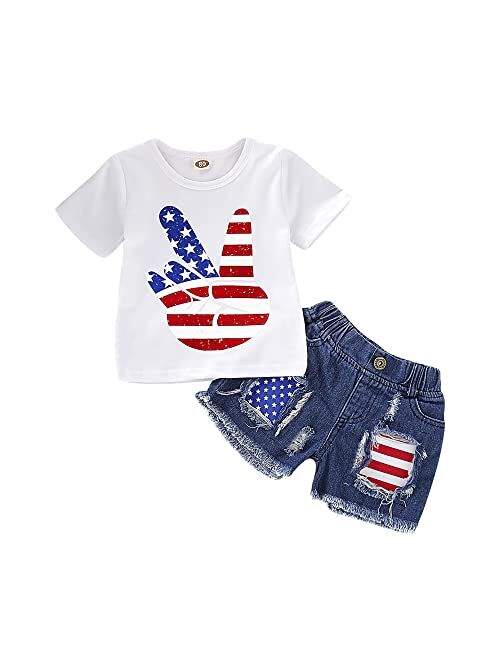 Mikrdoo Baby Girl Clothes Toddler Girl Summer Outfits Shirts Tops Ripped Denim Shorts Set Little Girl Clothes