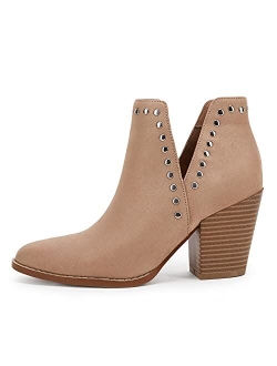 Rilista Women Ankle Boots Cutout Pointed Toe Chunky Block Mid Heel Slip on suede Elastic Panel Casual Chelsea Rivet Western Booties