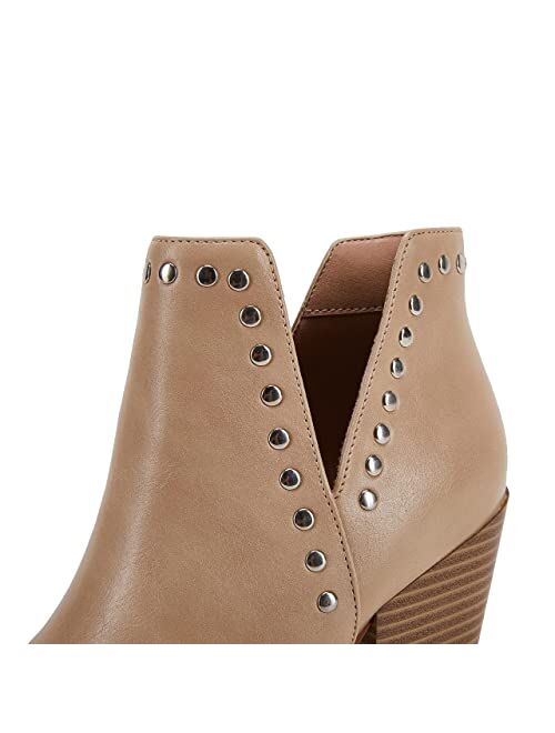 Rilista Women Ankle Boots Cutout Pointed Toe Chunky Block Mid Heel Slip on suede Elastic Panel Casual Chelsea Rivet Western Booties