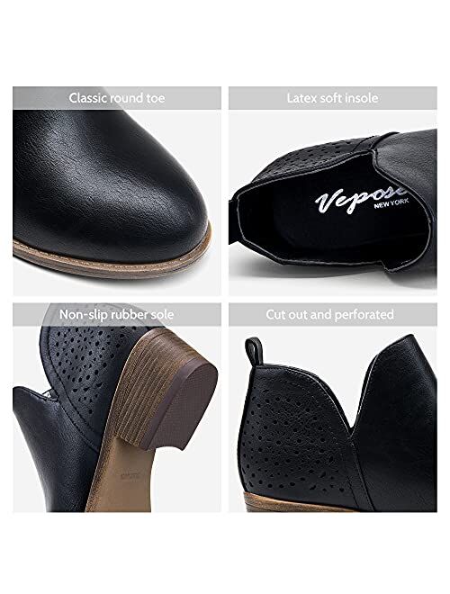 VEPOSE Women's Ankle Boots Low Heels Chunky Cutout Booties Perforated Western Shoes
