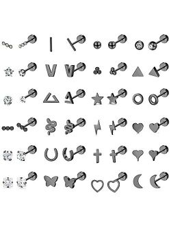 Sanfenly 24 Pairs Stud Earrings for Women Men 20G Stainless Steel Tiny Silver Gold Rose Gold Black Cartlidge Earrings Stud Small Snake Star Moon Ball Butterfly Triangle H
