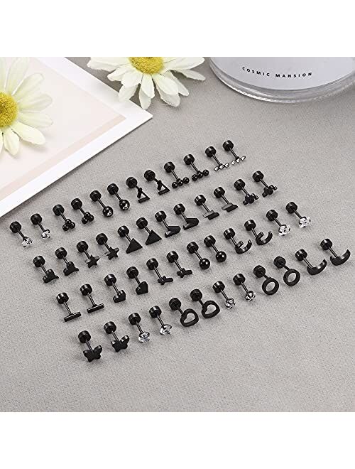 Sanfenly 24 Pairs Stud Earrings for Women Men 20G Stainless Steel Tiny Silver Gold Rose Gold Black Cartlidge Earrings Stud Small Snake Star Moon Ball Butterfly Triangle H