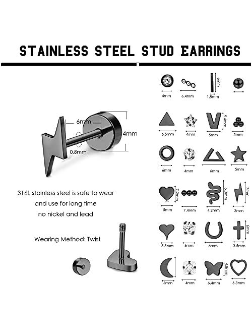 Sanfenly 24 Pairs Stud Earrings for Women Men 20G Stainless Steel Tiny Silver Gold Rose Gold Black Cartlidge Earrings Stud Small Snake Star Moon Ball Butterfly Triangle H