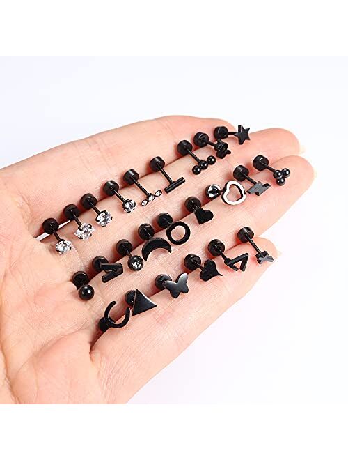 Sanfenly 24 Pairs Stud Earrings for Women Men 20G Stainless Steel Tiny Silver Gold Rose Gold Black Cartlidge Earrings Stud Small Snake Star Moon Ball Butterfly Triangle H