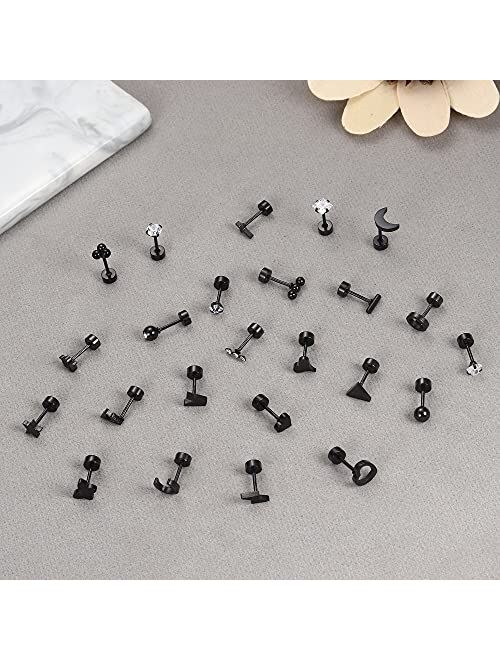 Sanfenly 24 Pairs Stud Earrings for Women Men 20G Stainless Steel Tiny Silver Gold Rose Gold Black Cartlidge Earrings Stud Small Snake Star Moon Ball Butterfly Triangle H