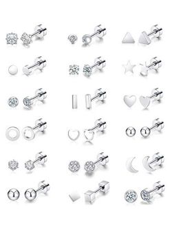 Vegolita 18Pairs 18G Stainless Steel Tiny Stud Earrings for Women Cartilage Helix Earrings Ball Star CZ Earrings