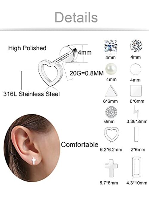Tornito 12 Pairs Tiny Stud Earrings Stainless Steel Heart Pearl Cross Triangle Disc Ball CZ Lighting Bolt Cartilage Geometric Stud Earrings Set Screw Back Flatback Earrin