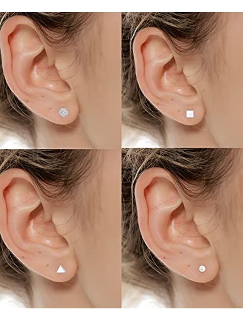 Tornito 12 Pairs Tiny Stud Earrings Stainless Steel Heart Pearl Cross Triangle Disc Ball CZ Lighting Bolt Cartilage Geometric Stud Earrings Set Screw Back Flatback Earrin