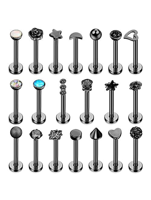 Subiceto 16G Stainless Steel Forward Helix Monroe Labret Lip Nose Studs for Men Women Tragus Cartilage Stud Earrings CZ Balls Heart Flower Medusa Piercings 20 PCS