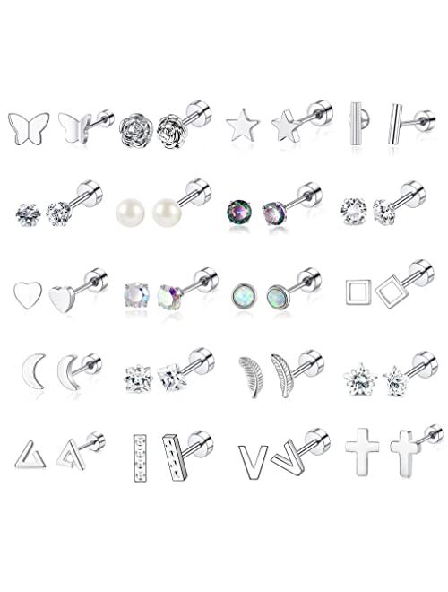 PLOMFOV 20 Pairs Flatback Earrings Piercing Jewelry Star Moon Heart Leaf Opal 18G Cartilage Stud Earrings for Women Men Surgical Steel Stud Earrings Set