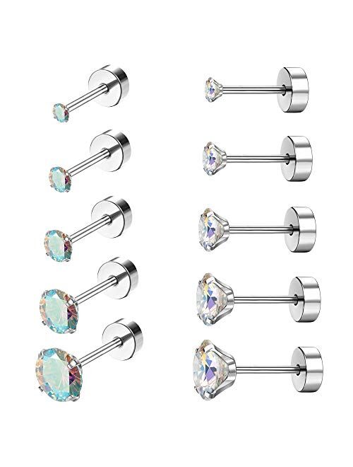 Drperfect 5Pairs 18G Stainless Steel CZ Stud Earrings for Women Men Cartilage Helix Earrings Set Round Cubic Zirconia Screwback Flat Back Stud Ear Piercing